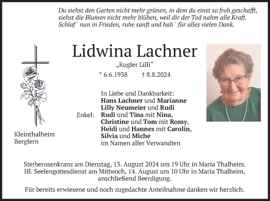 Traueranzeige von Lidwina Lachner von merkurtz