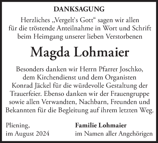 Traueranzeige von Magda Lohmaier von merkurtz