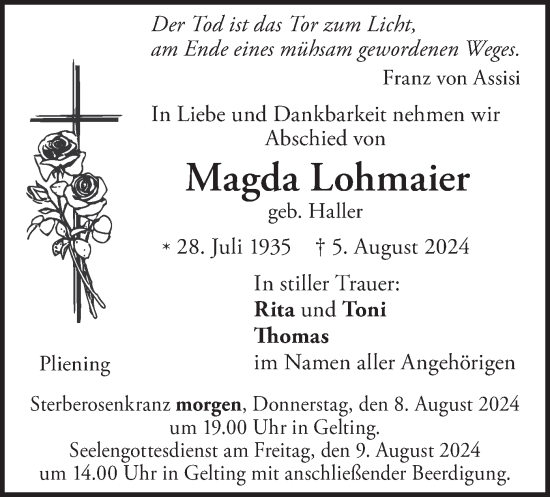 Traueranzeige von Magda Lohmaier von merkurtz