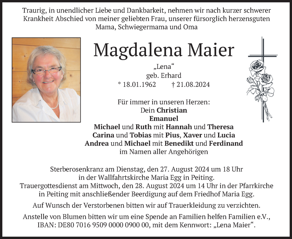  Traueranzeige für Magdalena Maier vom 24.08.2024 aus merkurtz