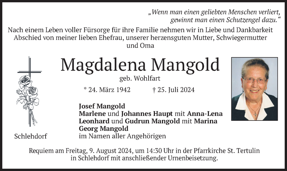  Traueranzeige für Magdalena Mangold vom 02.08.2024 aus merkurtz