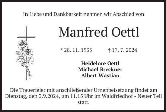 Traueranzeige von Manfred Oettl von merkurtz