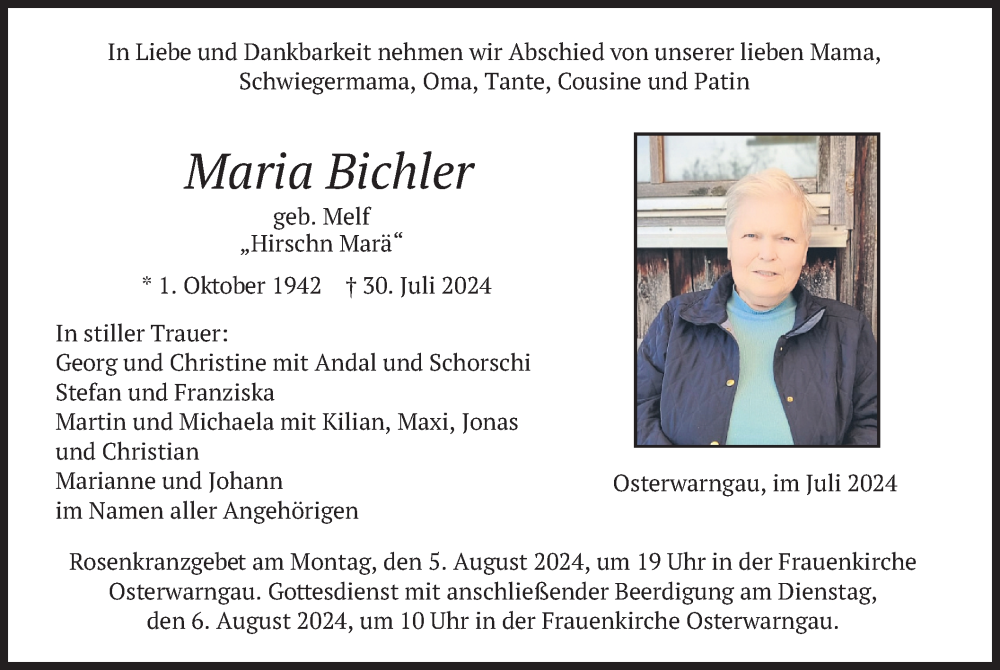  Traueranzeige für Maria Bichler vom 03.08.2024 aus merkurtz