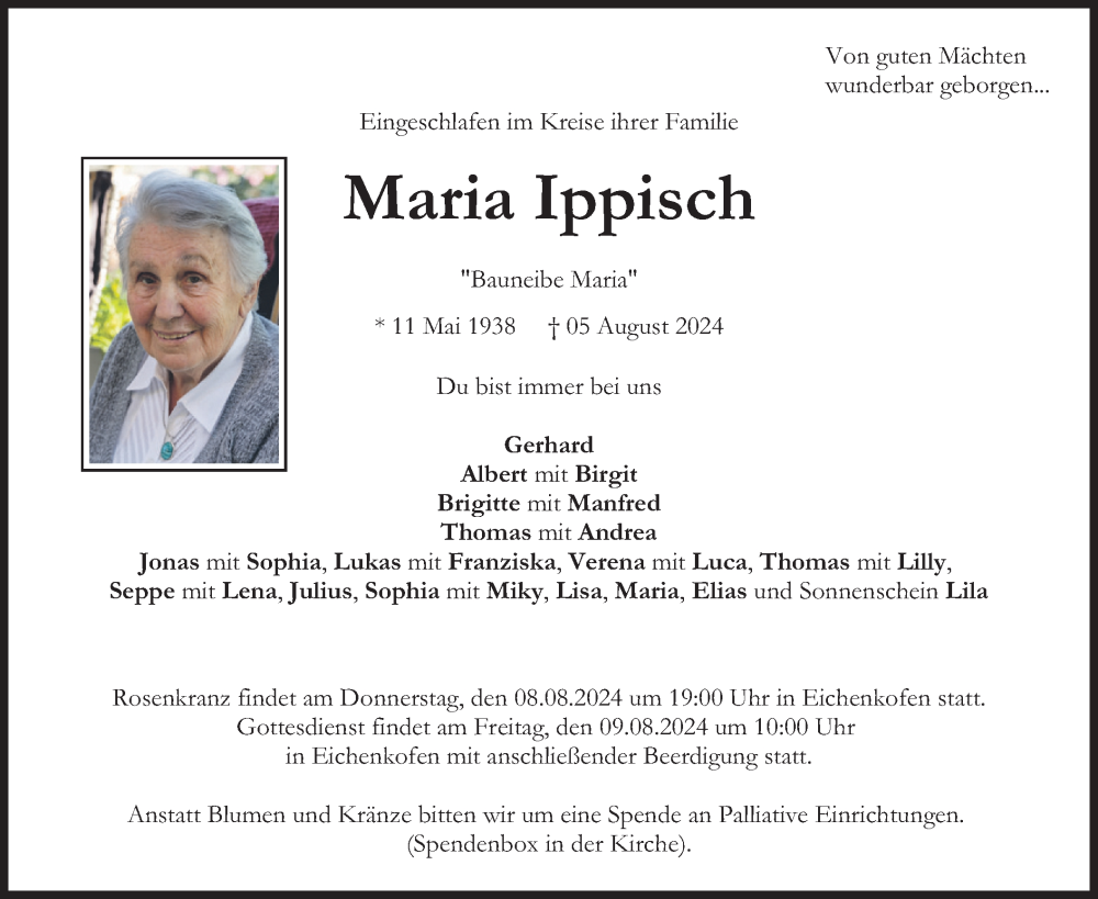  Traueranzeige für Maria Ippisch vom 07.08.2024 aus merkurtz