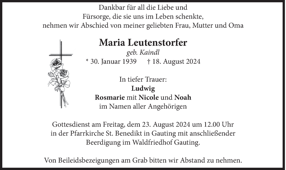  Traueranzeige für Maria Leutenstorfer vom 21.08.2024 aus merkurtz