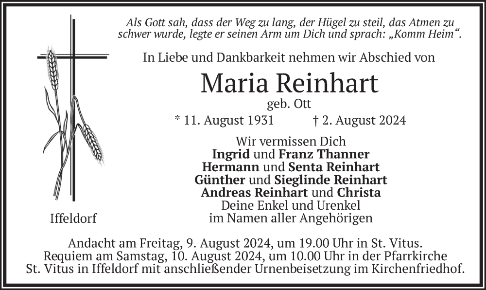  Traueranzeige für Maria Reinhart vom 07.08.2024 aus merkurtz