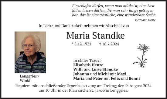 Traueranzeige von Maria Standke von merkurtz
