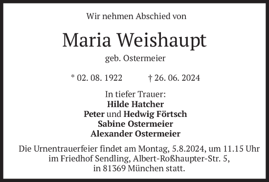 Traueranzeige von Maria Weishaupt von merkurtz