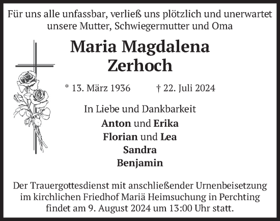 Traueranzeige von Maria Magdalena Zerhoch von merkurtz