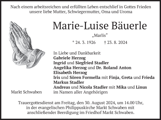 Traueranzeige von Marie-Luise Bäuerle von merkurtz