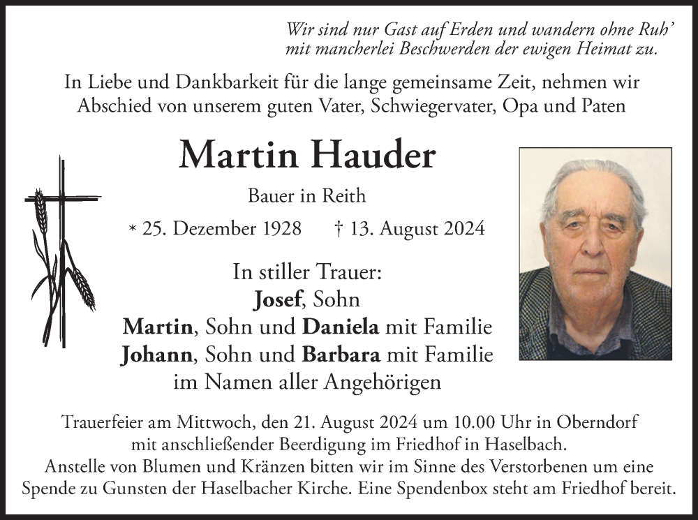  Traueranzeige für Martin Hauder vom 17.08.2024 aus merkurtz