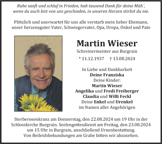 Traueranzeige von Martin Wieser von merkurtz