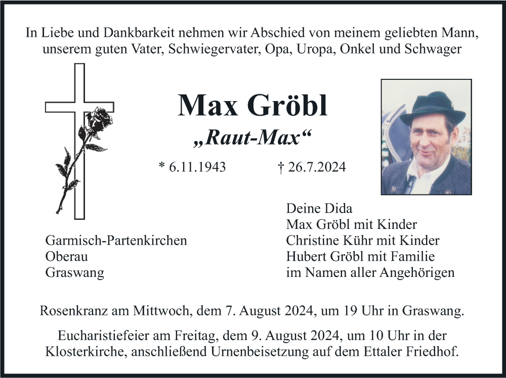  Traueranzeige für Max Gröbl vom 06.08.2024 aus merkurtz