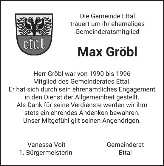 Traueranzeige von Max Gröbl von merkurtz