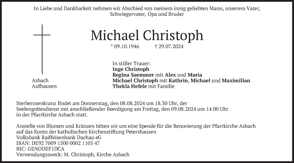  Traueranzeige für Michael Christoph vom 03.08.2024 aus merkurtz