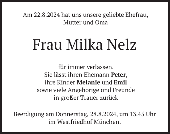 Traueranzeige von Milka Nelz von merkurtz