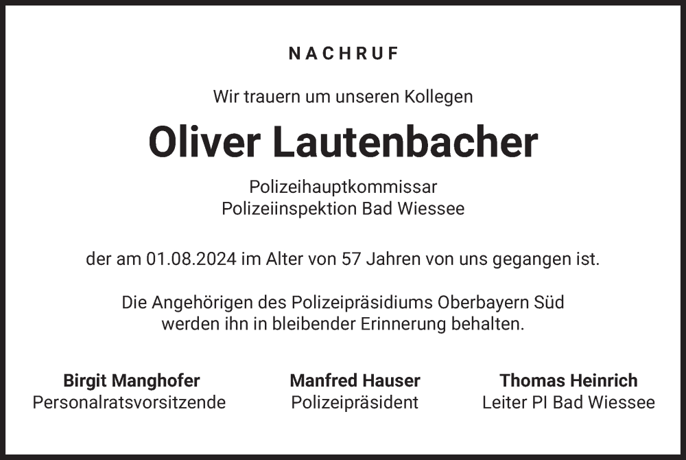  Traueranzeige für Oliver Lautenbacher vom 13.08.2024 aus merkurtz