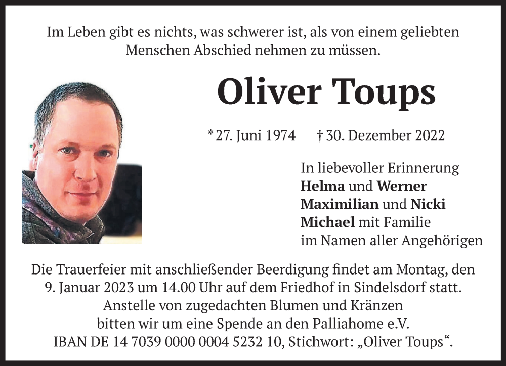  Traueranzeige für Oliver Toups vom 07.01.2023 aus Das Gelbe Blatt Penzberg