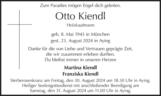 Traueranzeige von Otto Kiendl von merkurtz