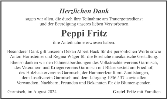 Traueranzeige von Peppi Fritz von merkurtz