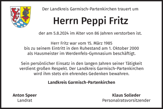 Traueranzeige von Peppi Fritz von merkurtz