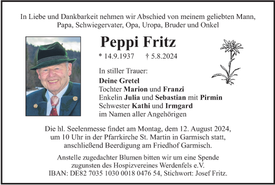 Traueranzeige von Peppi Fritz von merkurtz