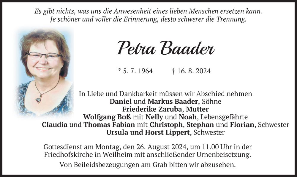  Traueranzeige für Petra Baader vom 23.08.2024 aus merkurtz