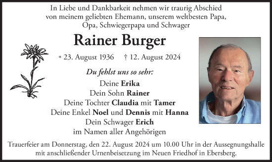Traueranzeige von Rainer Burger von merkurtz