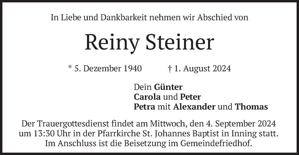  Traueranzeige für Reiny Steiner vom 31.08.2024 aus merkurtz