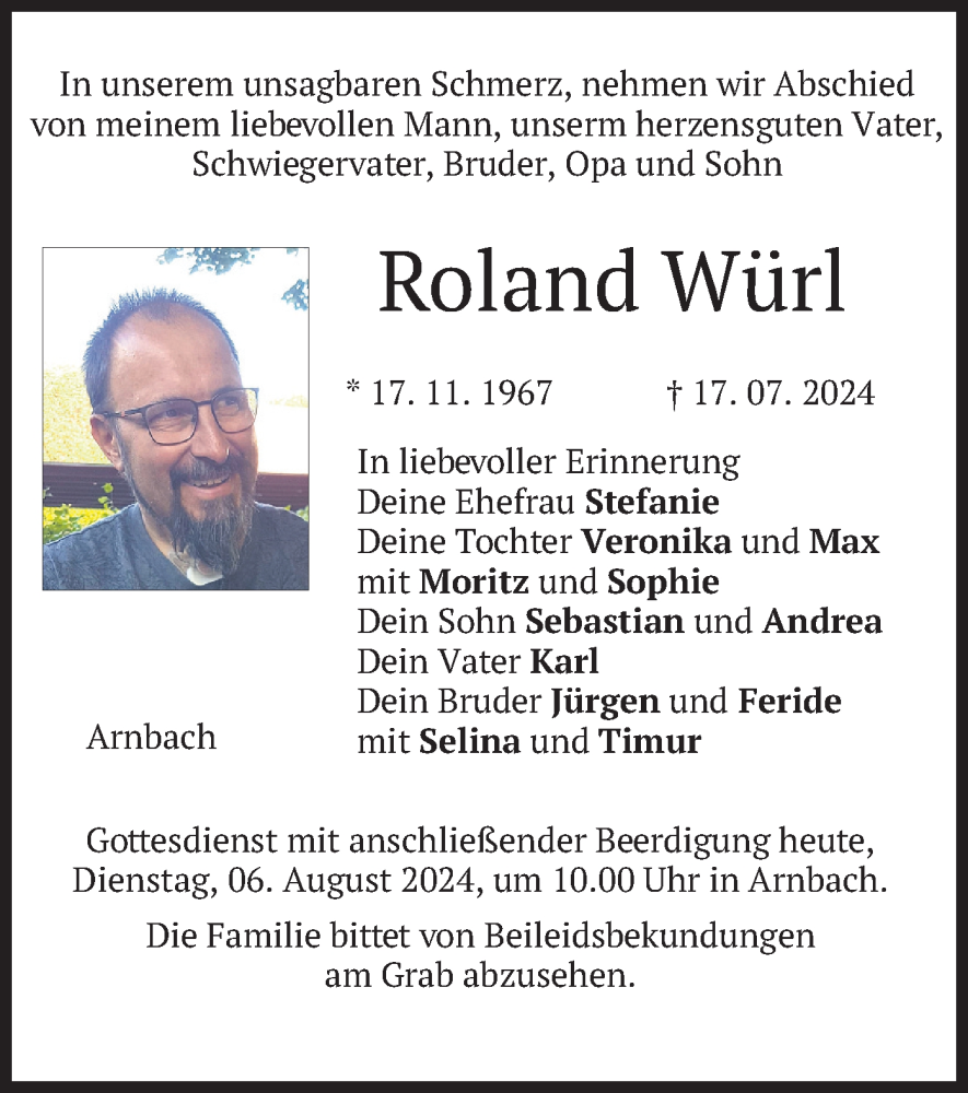  Traueranzeige für Roland Würl vom 06.08.2024 aus merkurtz