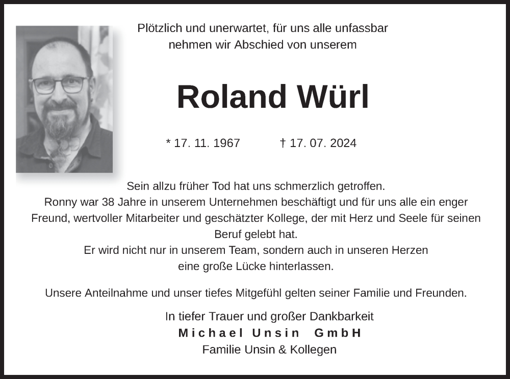  Traueranzeige für Roland Würl vom 03.08.2024 aus merkurtz