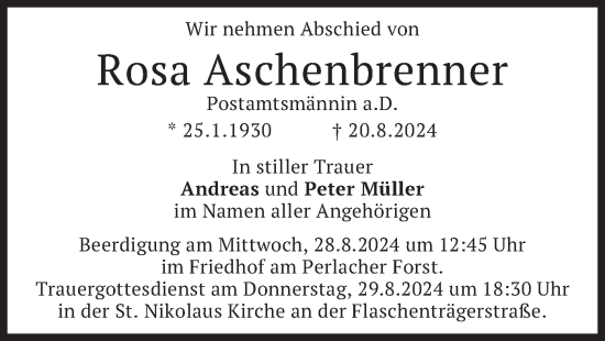 Traueranzeige von Rosa Aschenbrenner von merkurtz