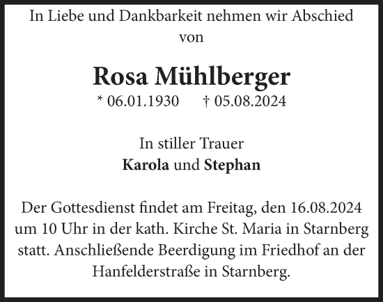 Traueranzeige von Rosa Mühlberger von merkurtz