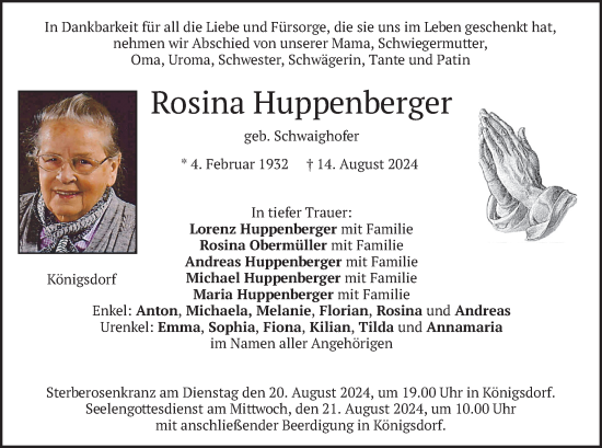 Traueranzeige von Rosina Huppenberger von merkurtz