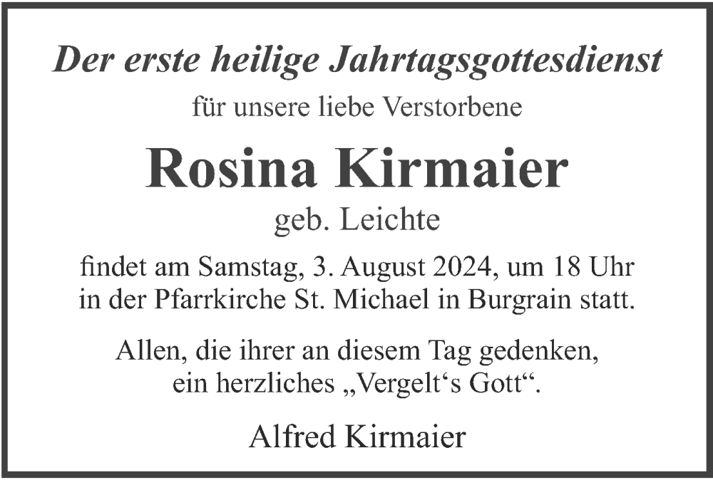  Traueranzeige für Rosina Kirmaier vom 02.08.2024 aus merkurtz