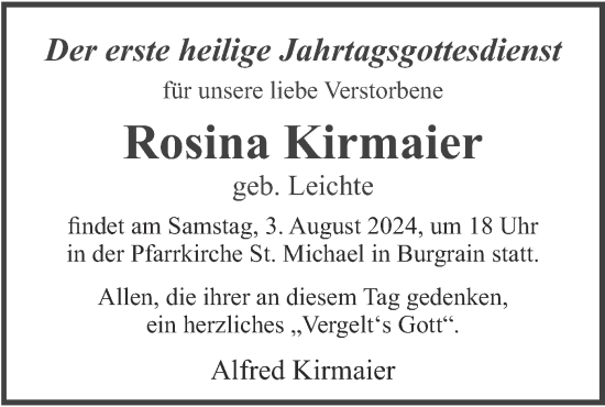 Traueranzeige von Rosina Kirmaier von merkurtz