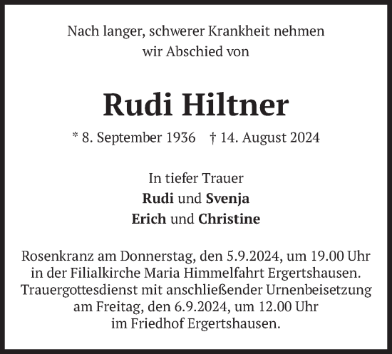 Traueranzeige von Rudi Hiltner von merkurtz