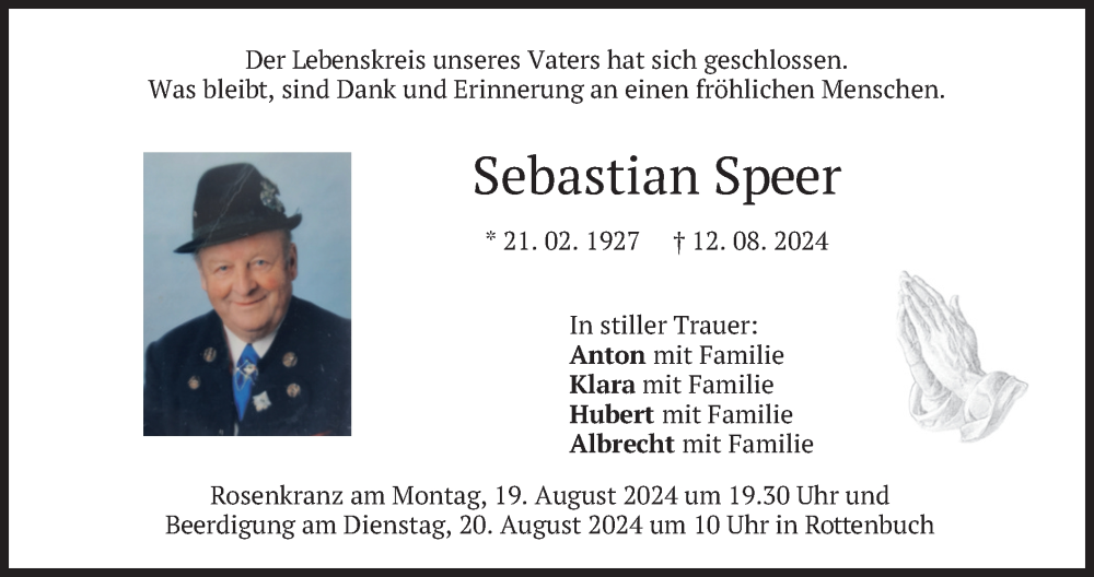  Traueranzeige für Sebastian Speer vom 17.08.2024 aus merkurtz