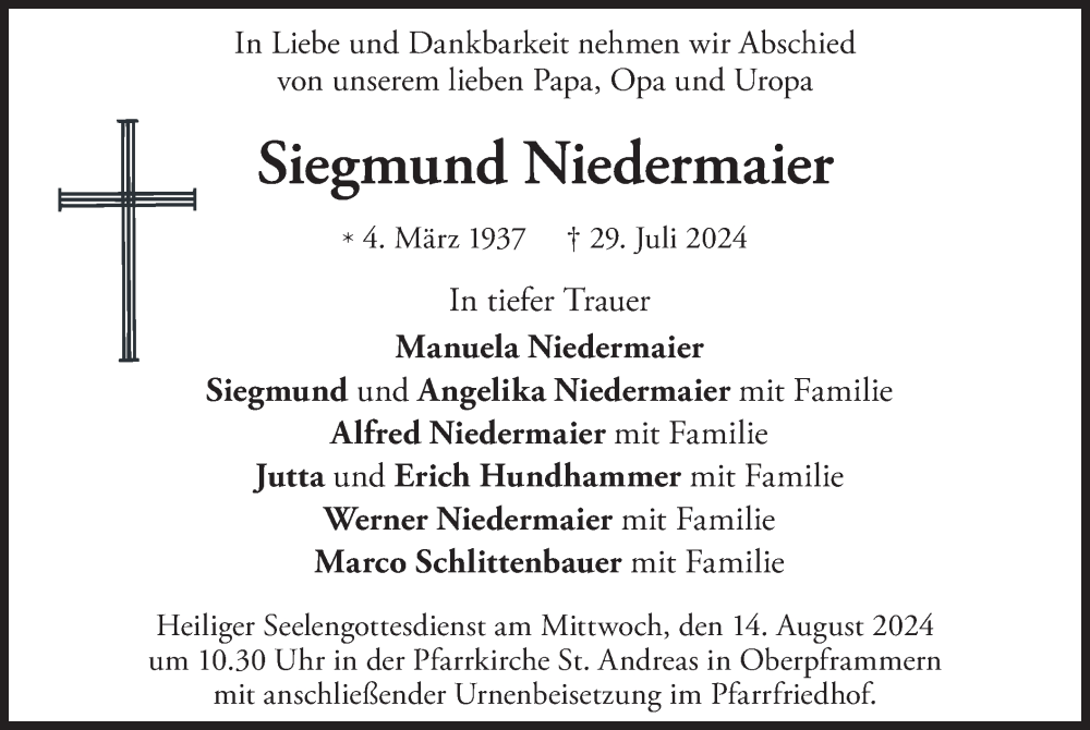  Traueranzeige für Siegmund Niedermaier vom 10.08.2024 aus merkurtz