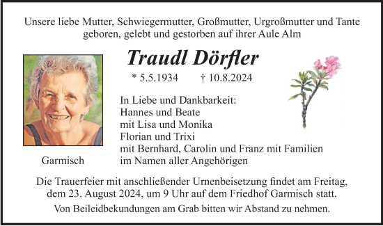 Traueranzeige von Traudl Dörfler von merkurtz