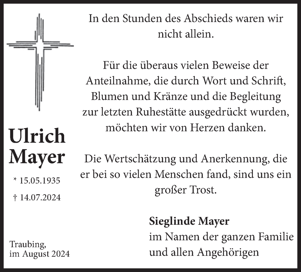  Traueranzeige für Ulrich Mayer vom 10.08.2024 aus merkurtz