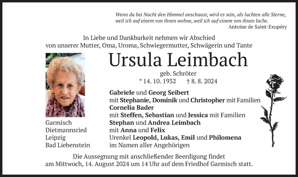  Traueranzeige für Ursula Leimbach vom 10.08.2024 aus merkurtz