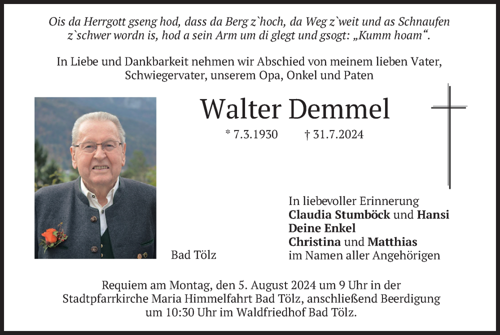 Traueranzeige für Walter Demmel vom 03.08.2024 aus merkurtz