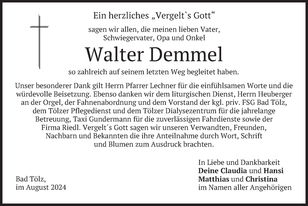  Traueranzeige für Walter Demmel vom 10.08.2024 aus merkurtz