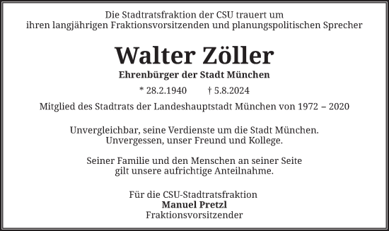 Traueranzeige von Walter Zöller von merkurtz