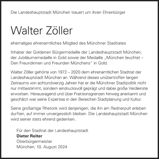 Traueranzeige von Walter Zöller von merkurtz