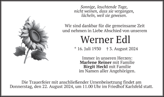 Traueranzeige von Werner Edl von merkurtz