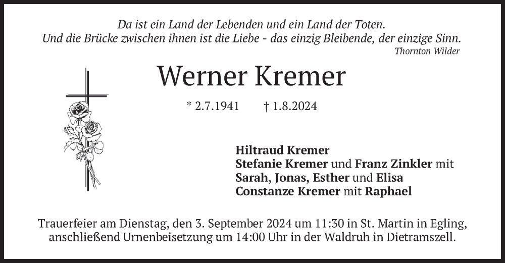  Traueranzeige für Werner Kremer vom 28.08.2024 aus merkurtz