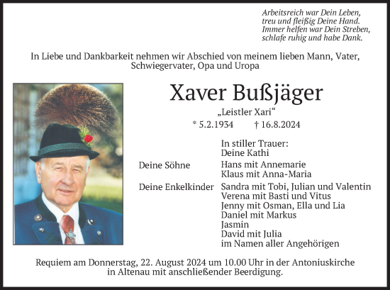 Traueranzeige von Xaver Bußjäger von merkurtz