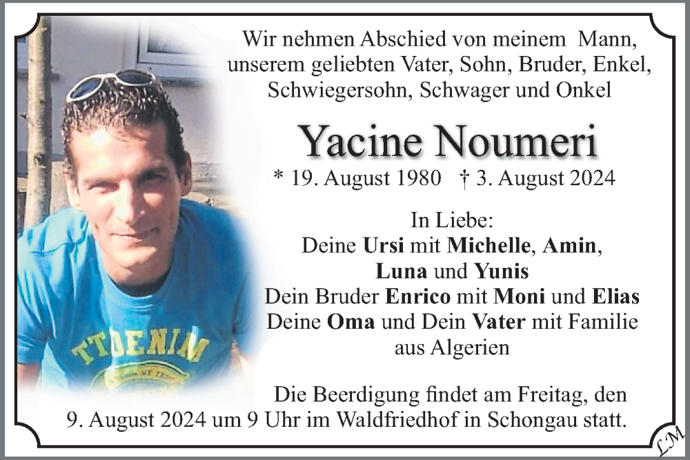  Traueranzeige für Yacine Noumeri vom 08.08.2024 aus merkurtz